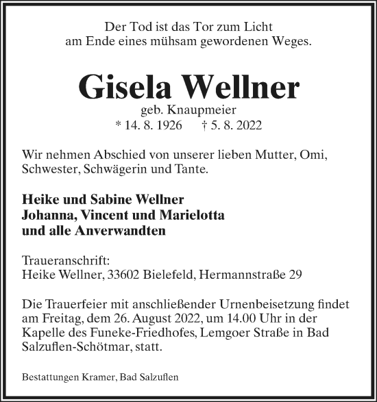 Anzeige  Gisela Wellner  Lippische Landes-Zeitung