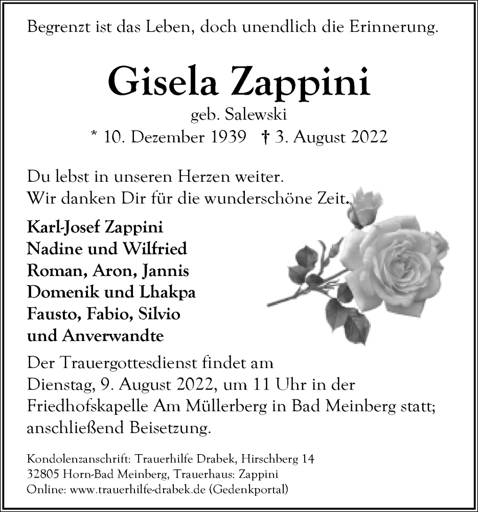  Traueranzeige für Gisela Zappini vom 06.08.2022 aus Lippische Landes-Zeitung