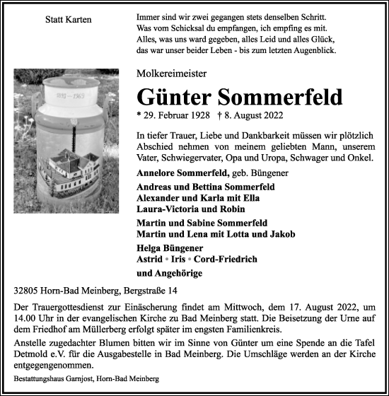 Anzeige  Günter Sommerfeld  Lippische Landes-Zeitung