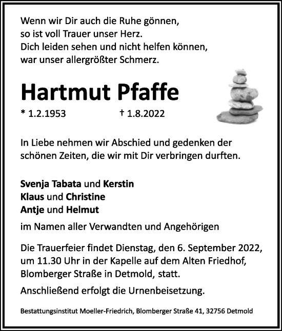 Anzeige  Hartmut Pfaffe  Lippische Landes-Zeitung