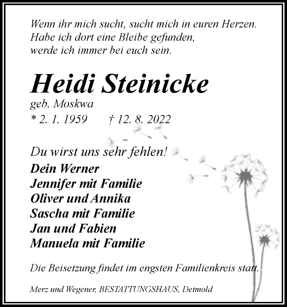  Traueranzeige für Heidi Steinicke vom 17.08.2022 aus Lippische Landes-Zeitung