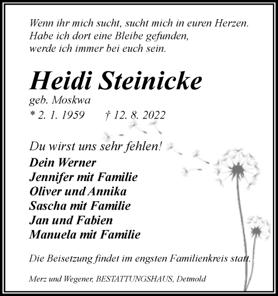 Anzeige  Heidi Steinicke  Lippische Landes-Zeitung