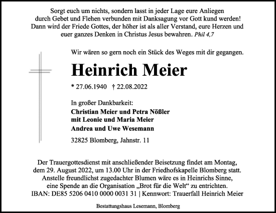 Anzeige  Heinrich Meier  Lippische Landes-Zeitung