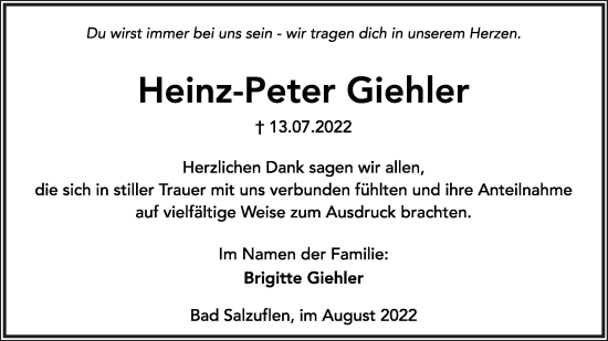 Anzeige  Heinz-Peter Giehler  Lippische Landes-Zeitung