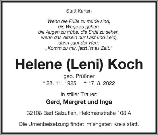 Anzeige  Helene Koch  Lippische Landes-Zeitung