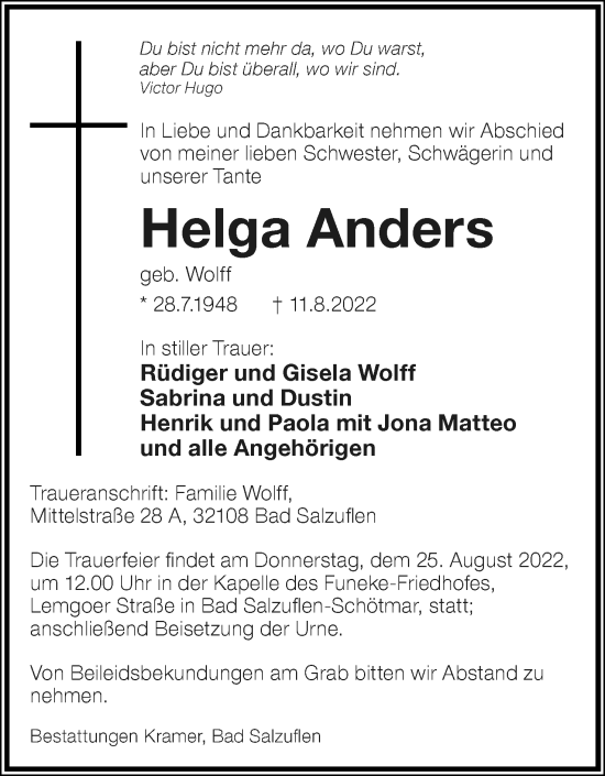 Anzeige  Helga Anders  Lippische Landes-Zeitung