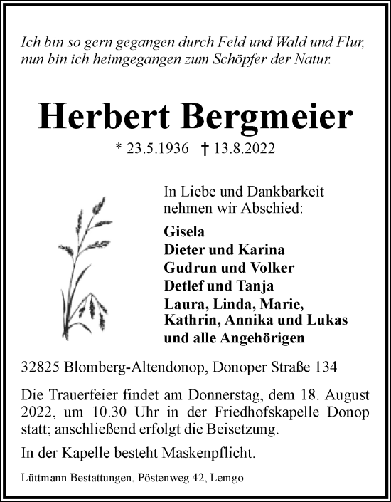 Anzeige  Herbert Bergmeier  Lippische Landes-Zeitung