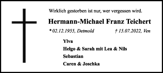 Anzeige  Hermann-Michael Franz Teichert  Lippische Landes-Zeitung