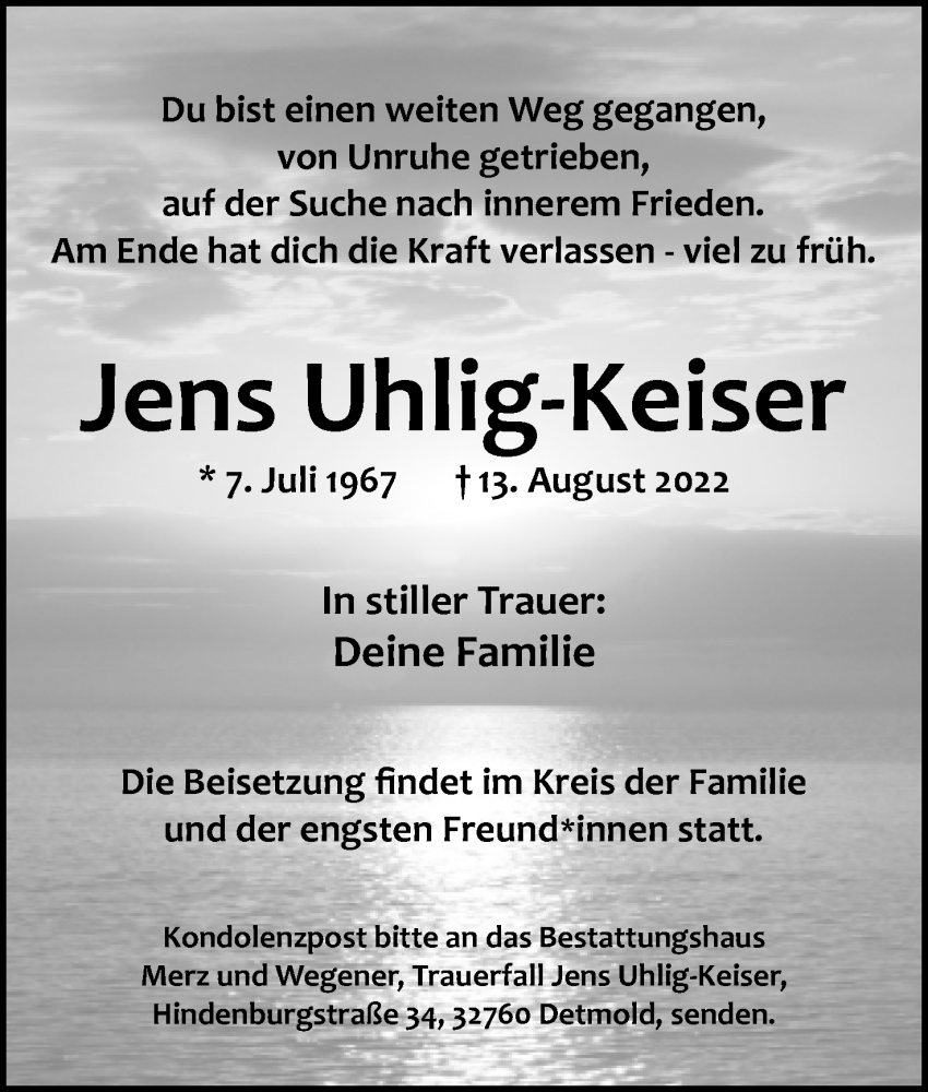  Traueranzeige für Jens Uhlig-Keiser vom 20.08.2022 aus Lippische Landes-Zeitung