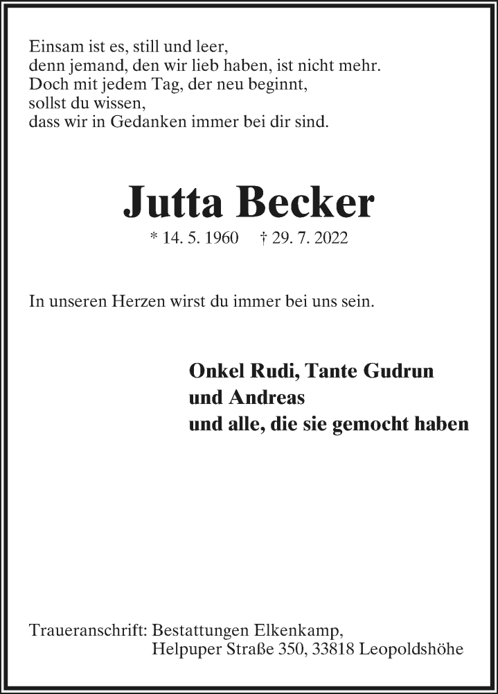  Traueranzeige für Jutta Becker vom 06.08.2022 aus Lippische Landes-Zeitung