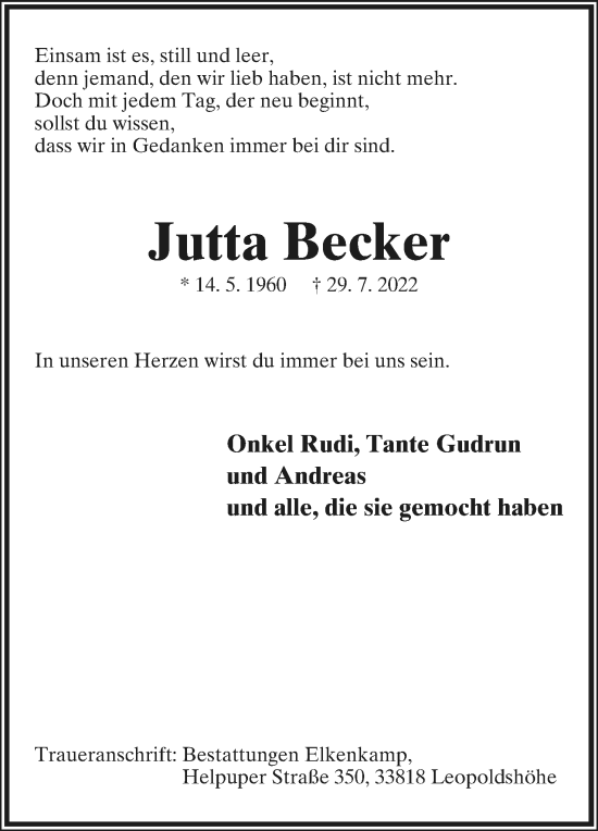 Anzeige  Jutta Becker  Lippische Landes-Zeitung