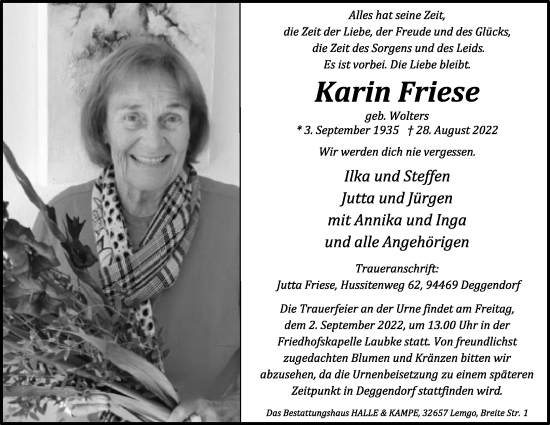 Anzeige  Karin Friese  Lippische Landes-Zeitung