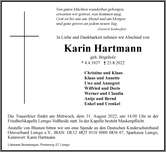 Anzeige  Karin Hartmann  Lippische Landes-Zeitung