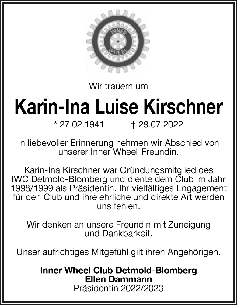  Traueranzeige für Karin-Ina Luise Kirschner vom 06.08.2022 aus Lippische Landes-Zeitung
