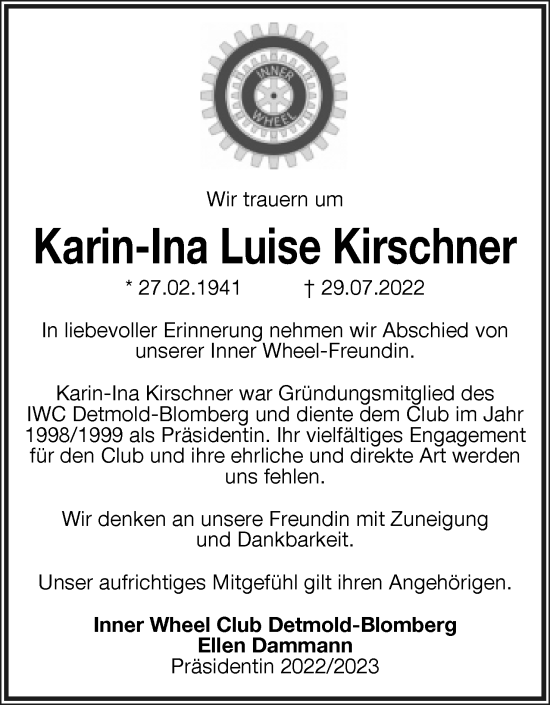 Anzeige  Karin-Ina Luise Kirschner  Lippische Landes-Zeitung