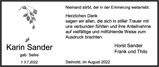 Anzeige  Karin Sander  Lippische Landes-Zeitung