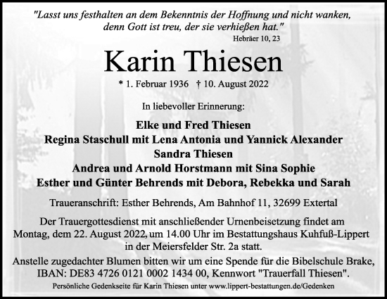 Anzeige  Karin Thiesen  Lippische Landes-Zeitung