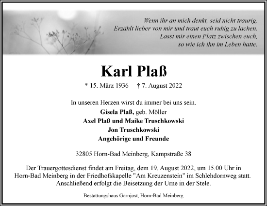 Anzeige  Karl Plaß  Lippische Landes-Zeitung