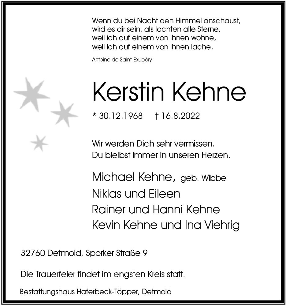  Traueranzeige für Kerstin Kehne vom 20.08.2022 aus Lippische Landes-Zeitung