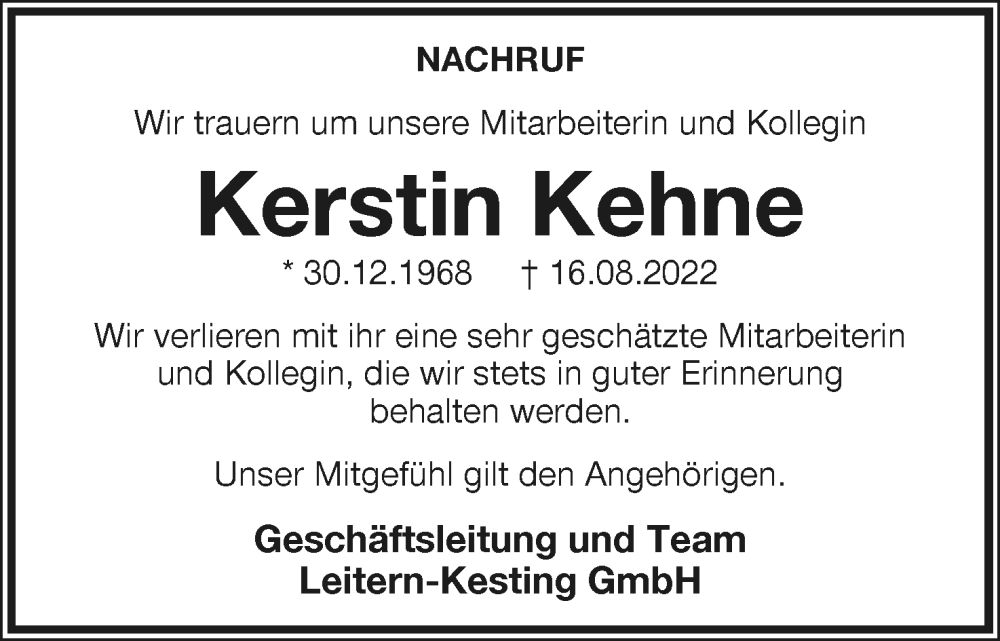  Traueranzeige für Kerstin Kehne vom 27.08.2022 aus Lippische Landes-Zeitung