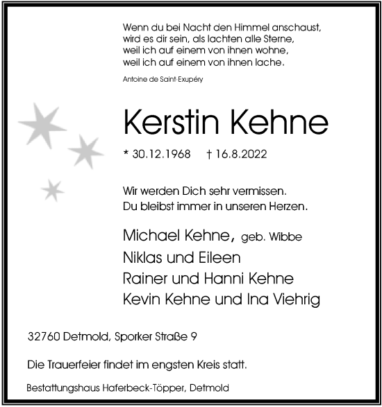 Anzeige  Kerstin Kehne  Lippische Landes-Zeitung