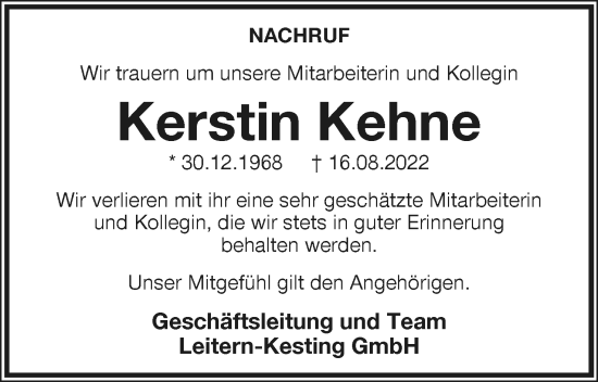 Anzeige  Kerstin Kehne  Lippische Landes-Zeitung
