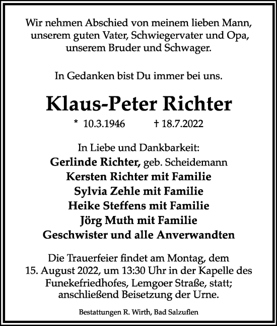 Anzeige  Klaus-Peter Richter  Lippische Landes-Zeitung