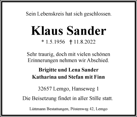 Anzeige  Klaus Sander  Lippische Landes-Zeitung