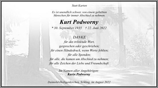 Anzeige  Kurt Podworny  Lippische Landes-Zeitung