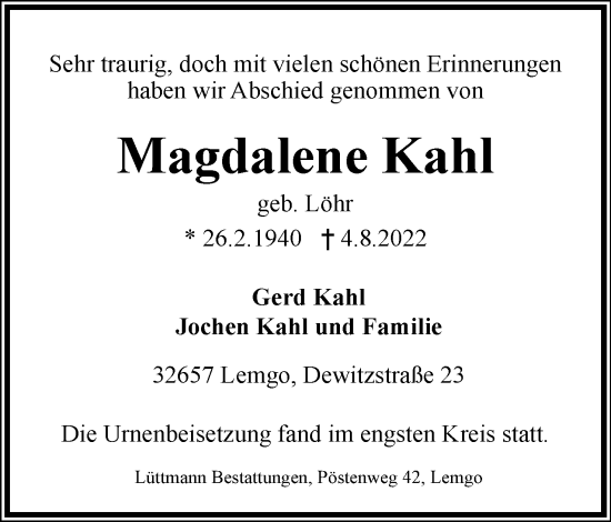 Anzeige  Magdalene Kahl  Lippische Landes-Zeitung