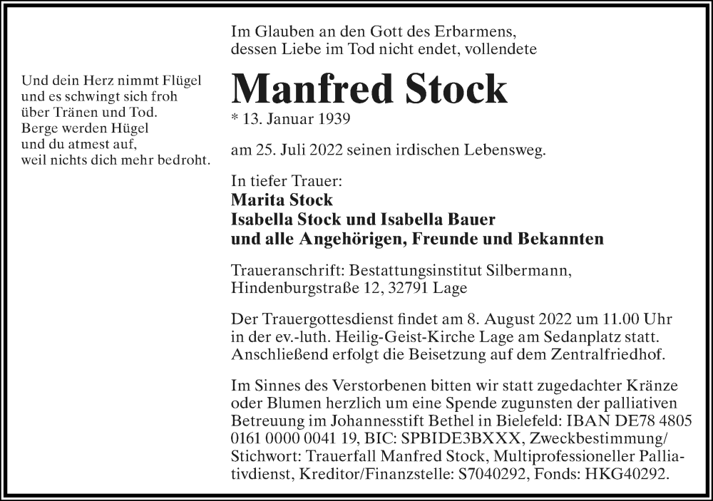  Traueranzeige für Manfred Stock vom 03.08.2022 aus Lippische Landes-Zeitung