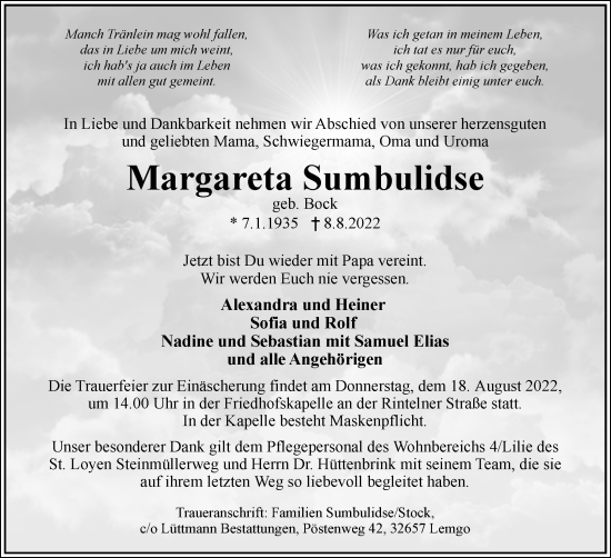 Anzeige  Margareta Sumbulidse  Lippische Landes-Zeitung