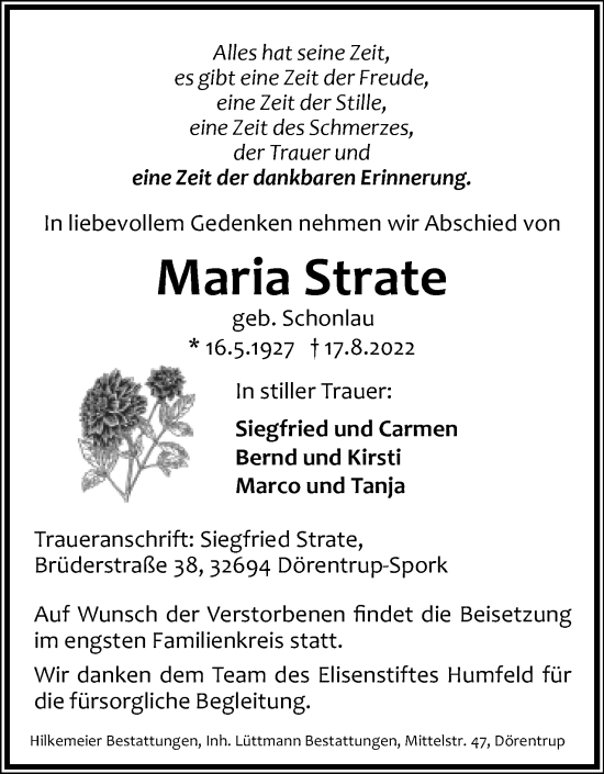 Anzeige  Maria Strate  Lippische Landes-Zeitung
