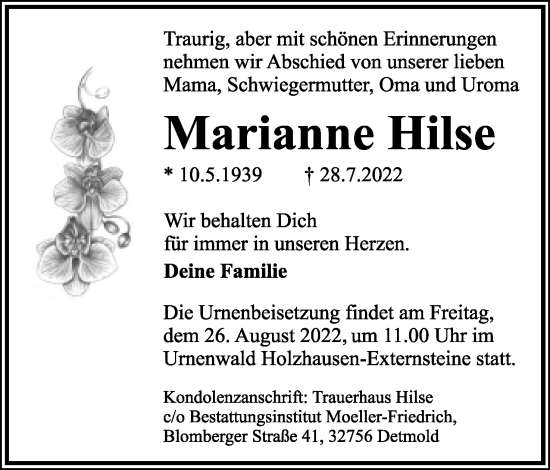 Anzeige  Marianne Hilse  Lippische Landes-Zeitung