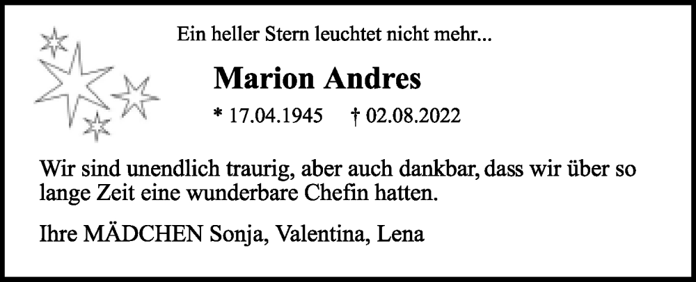  Traueranzeige für Marion Andres vom 06.08.2022 aus Lippische Landes-Zeitung