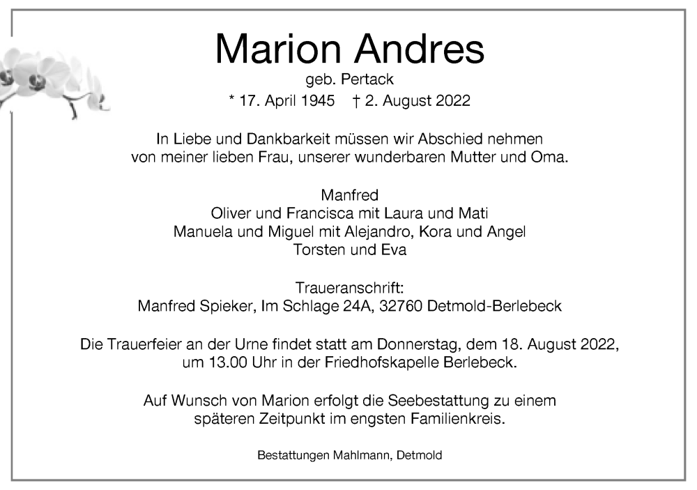  Traueranzeige für Marion Andres vom 06.08.2022 aus Lippische Landes-Zeitung