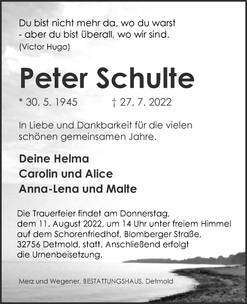  Traueranzeige für Peter Schulte vom 06.08.2022 aus Lippische Landes-Zeitung