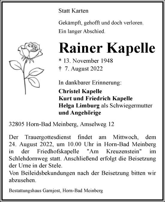 Anzeige  Rainer Kapelle  Lippische Landes-Zeitung