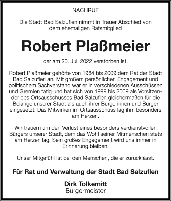 Anzeige  Robert Plaßmeier  Lippische Landes-Zeitung