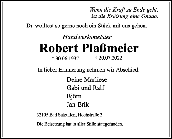 Anzeige  Robert Plaßmeier  Lippische Landes-Zeitung