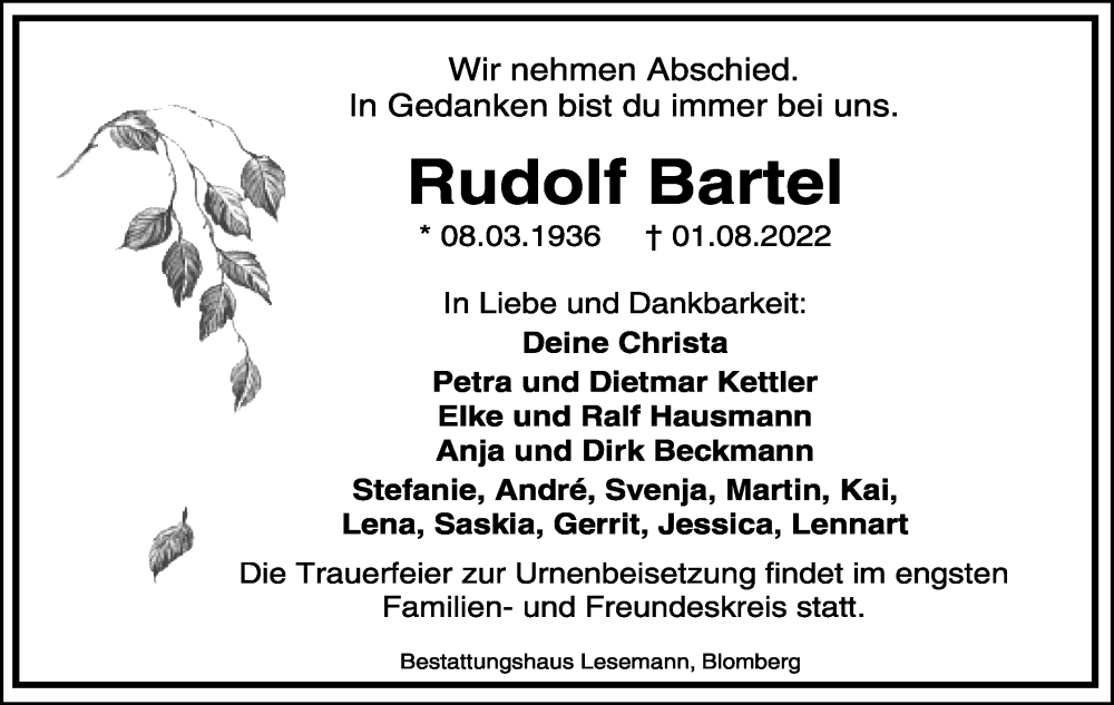  Traueranzeige für Rudolf Bartel vom 06.08.2022 aus Lippische Landes-Zeitung