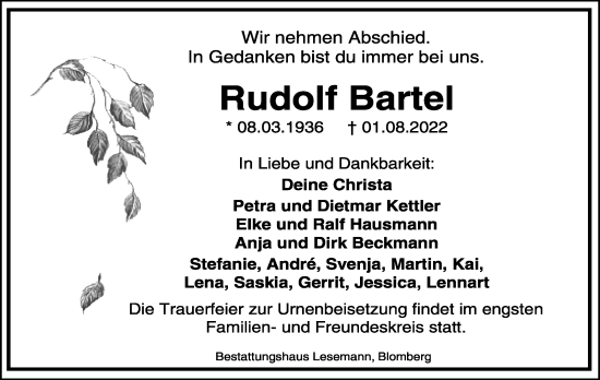 Anzeige  Rudolf Bartel  Lippische Landes-Zeitung