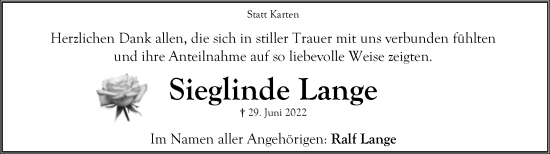 Anzeige  Sieglinde Lange  Lippische Landes-Zeitung