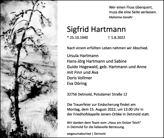 Anzeige  Sigfrid Hartmann  Lippische Landes-Zeitung