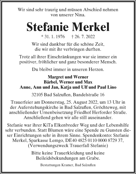 Anzeige  Stefanie Merkel  Lippische Landes-Zeitung