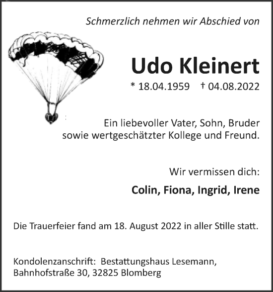 Anzeige  Udo Kleinert  Lippische Landes-Zeitung