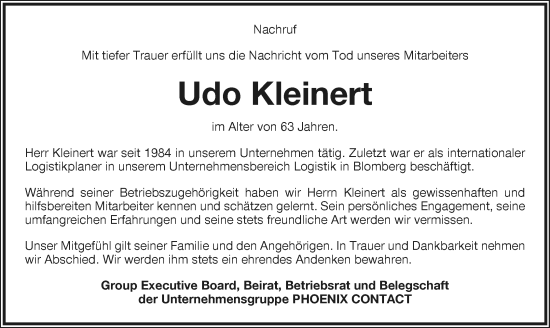 Anzeige  Udo Kleinert  Lippische Landes-Zeitung