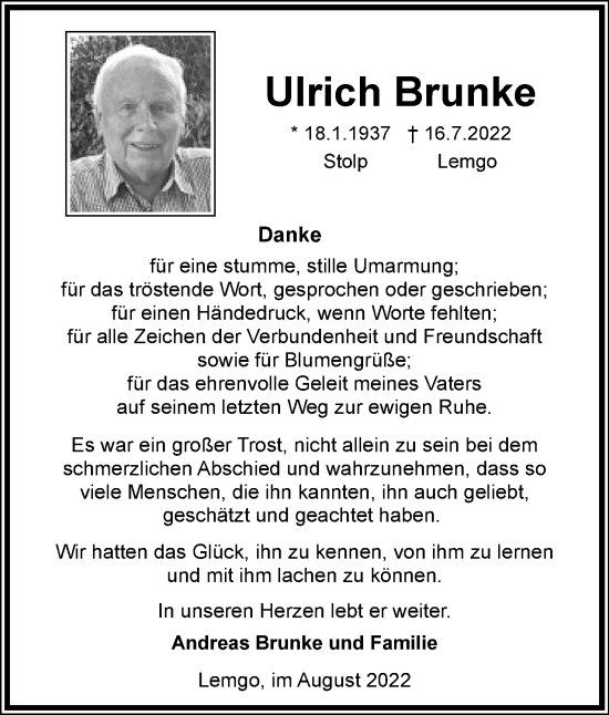 Anzeige  Urlich Brunke  Lippische Landes-Zeitung
