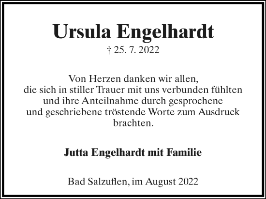 Anzeige  Ursula Engelhardt  Lippische Landes-Zeitung