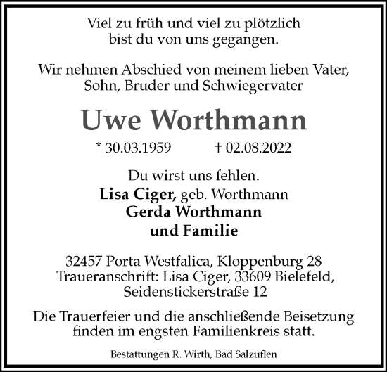 Anzeige  Uwe Worthmann  Lippische Landes-Zeitung